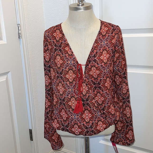 NWT Xhilaration Bohemian Long Bell Sleeve Wrap Blouse Size M - Picture 1 of 6